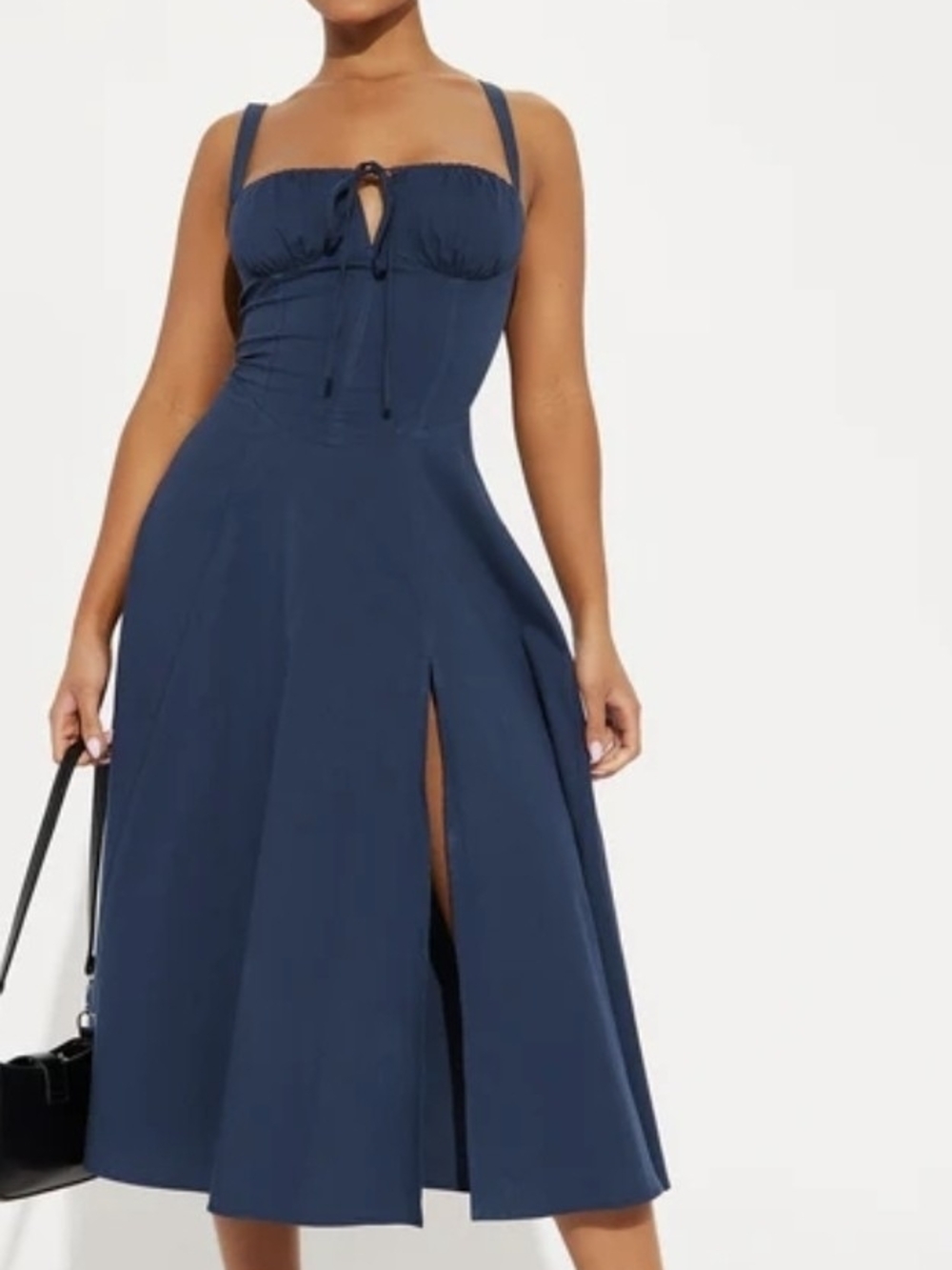 Fashion Nova Juniper Blue Midi Dress with Front Slit and Tie Bodice